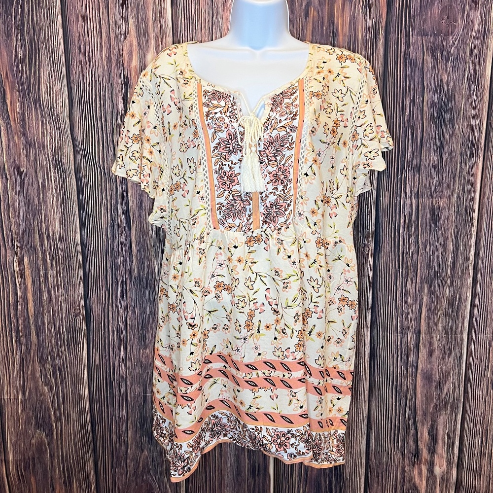 Suzanne Betro Weekend Beige Floral Peasant flutter sleeve Top NWT Size 1X